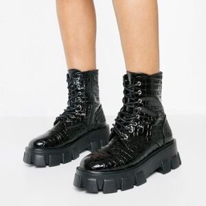 Black Croc Chunky Sole Combat Boots